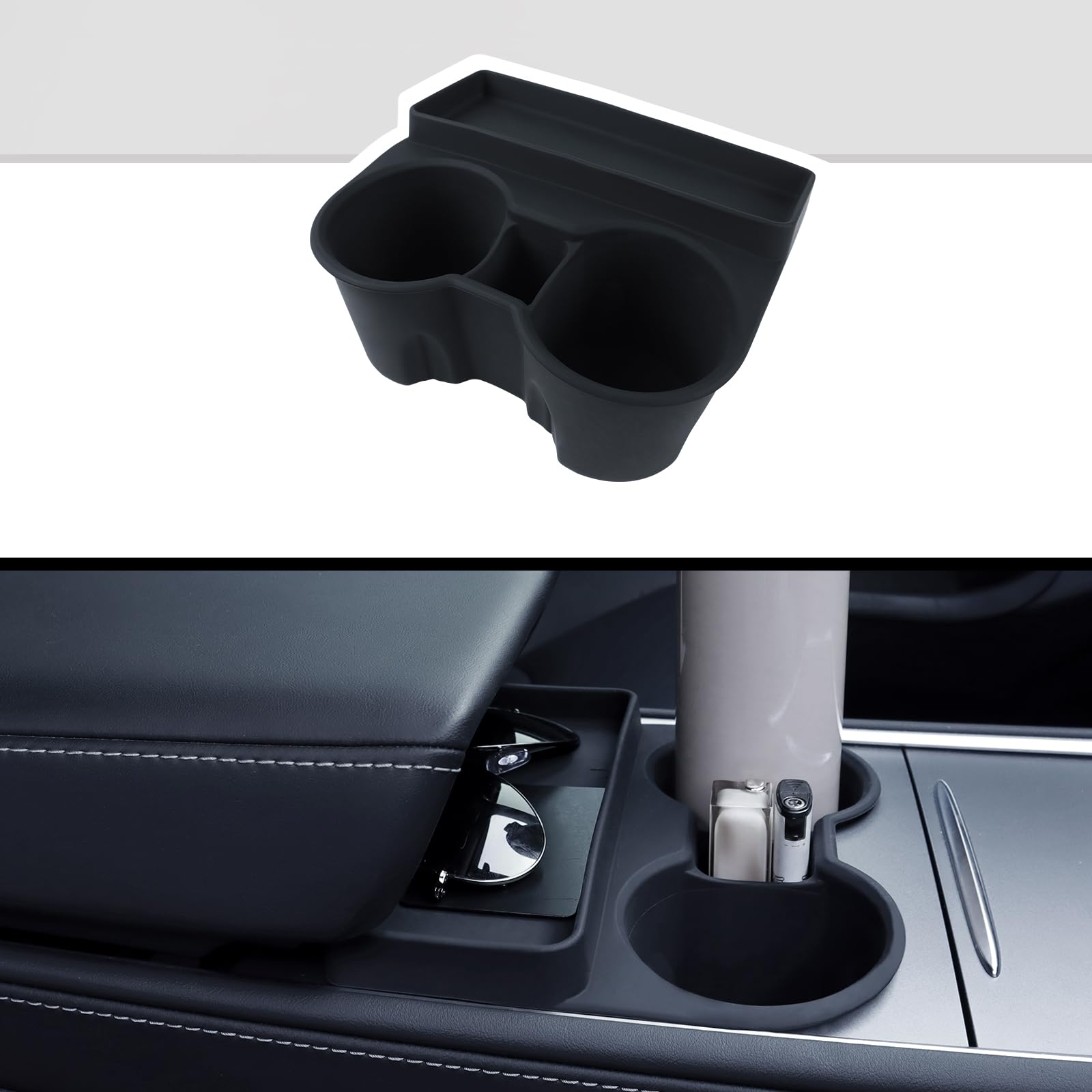 Photo 1 of Rislobx Tesla Model 3 Model Y Cup Holder Insert Center Console Water Cup Limit Clamp, Under Armrest Box Storage Tray Key Card Sunglasses Holder for Tesla Accessories (Black)