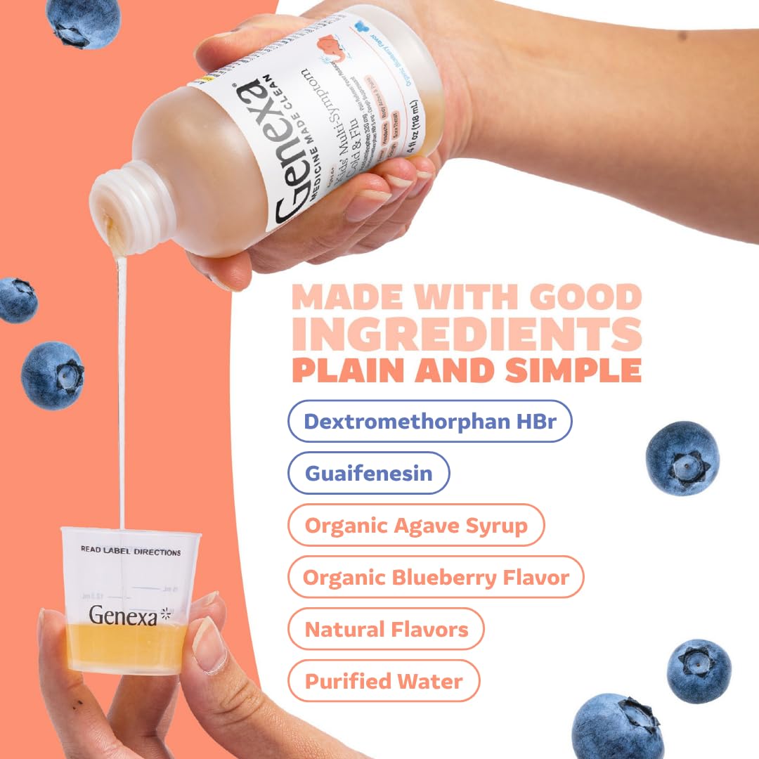 Genexa Kids’ Clean Cough & Chest Congestion Medicine, Dye Free, 0% Artificial Additives, Multi-Symptom Cough Syrup for Kids 4-11, Cough Suppressant & Expectorant, Organic Blueberry Flavor, 4 fl oz