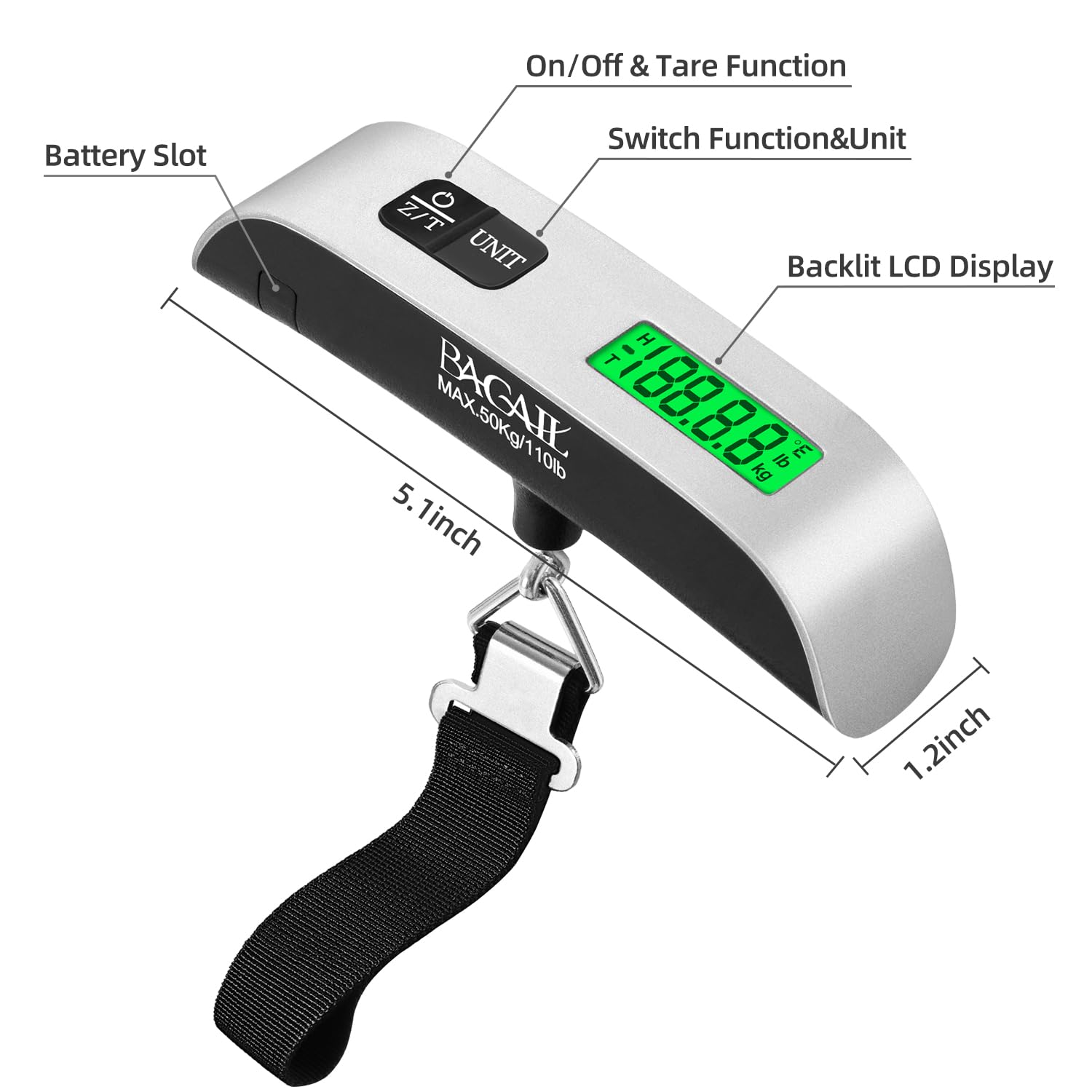 BAGAIL Digital Luggage Scale, 110lbs Hanging Baggage Scale with Backlit LCD Display, Portable Suitcase Weighing Scale, Travel Luggage Weight Scale with Hook, Strong Straps for Travelers