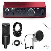 Focusrite Scarlett 2i2 4th Gen USB Interface, Bundle With Audio-Technica Mic, H&amp;A Pop Filter, Stand, Headphones, XLR M to F Cable 25'