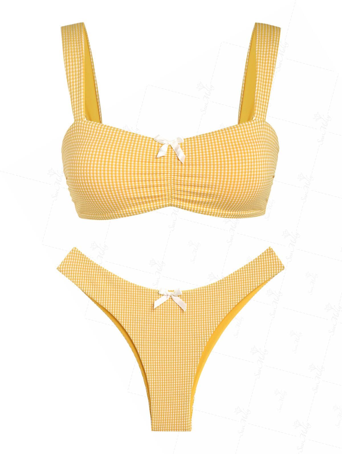 Photo 1 of seamoly Gingham Ruched Bowknot Decor Cheeky Bikini Set, Yellow, L