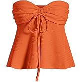 Milumia Women Tie Front Ruched Tube Top Summer Strapless Flared Hem Peplum Bandeau Tops