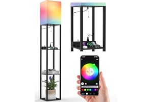 PAZZO Smart RGB Floor lamp with Shelves, Shelf Floor Lamp with Alexa, Solid Wood with 2 Charging Ports and 1 Power Outlet, Modern Standing Lamp for livingroom, Bedroom,Bulb Included,Matt Black