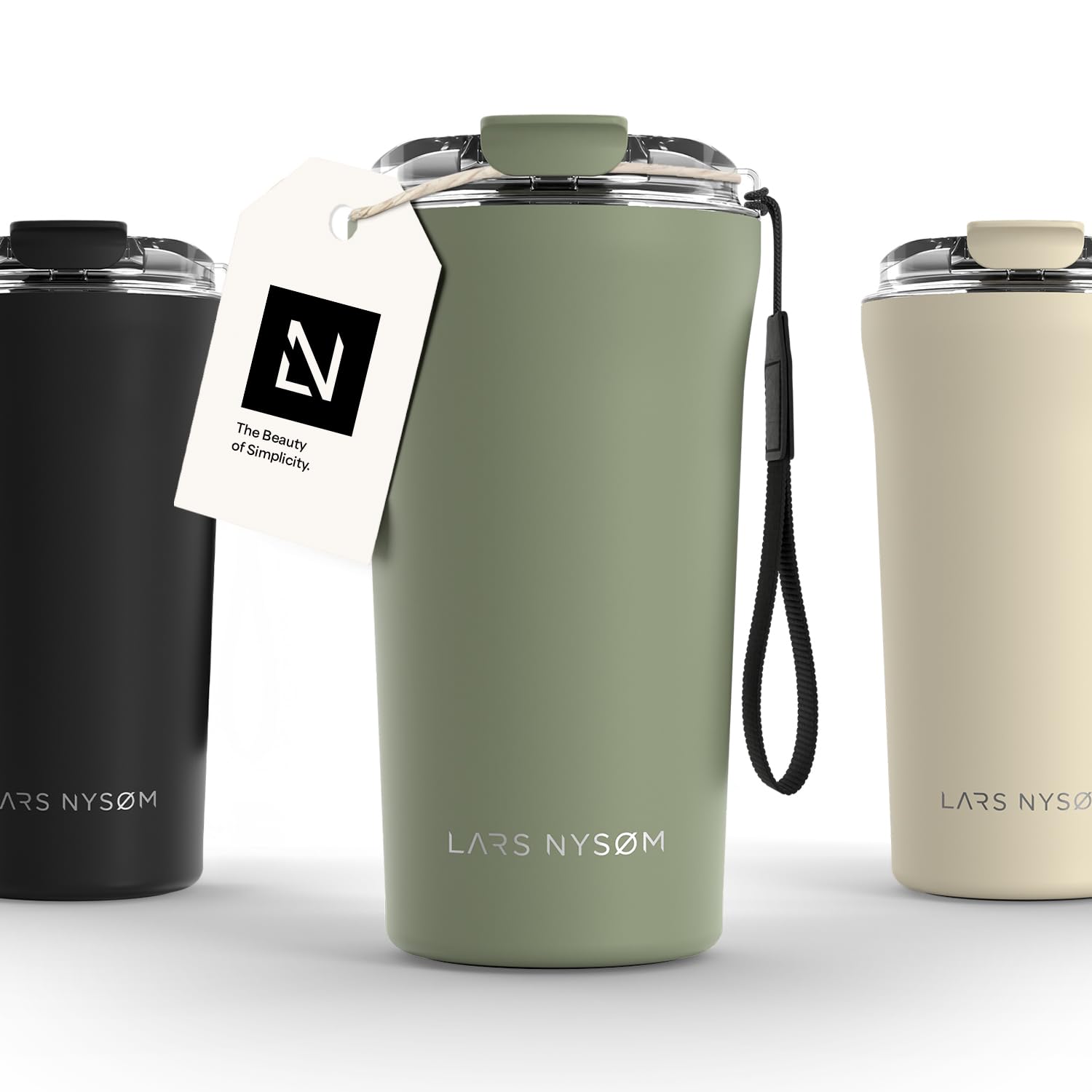 LARS NYSØM Thermo Coffee Mug-to-go with Strap 17oz | Travel Mug 0.5 Liter with Insulation | Leak Proof Stainless Steel Thermal Tumbler for Coffee and Tea to Go (Sage Green, 500ml)