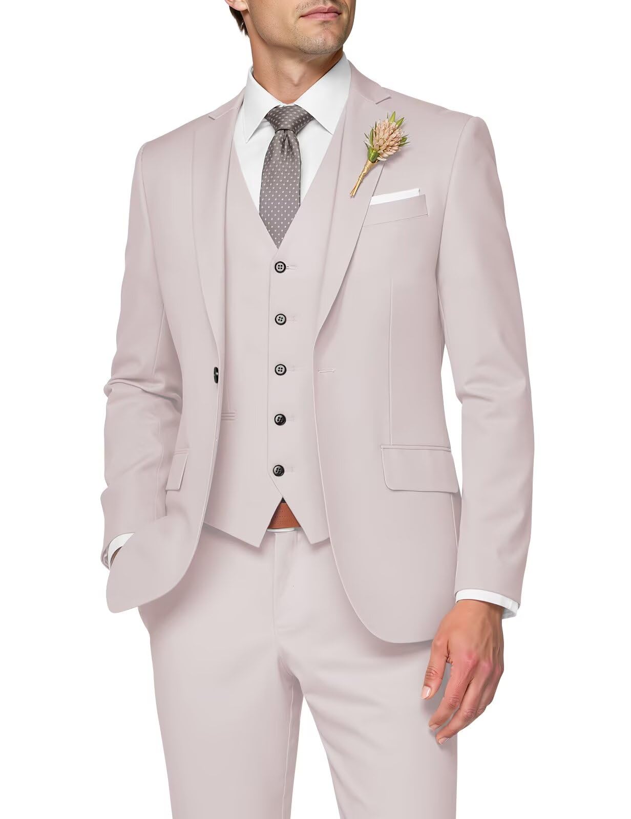 Photo 1 of (medium)  Suits Nude 3 Piece Slim Fit Suit Single Breasted Formal Prom Dresses Suit 2025 Notched Lapel Men's Three Pieces Suit Casual Blazer Vest Pants Sets Size M