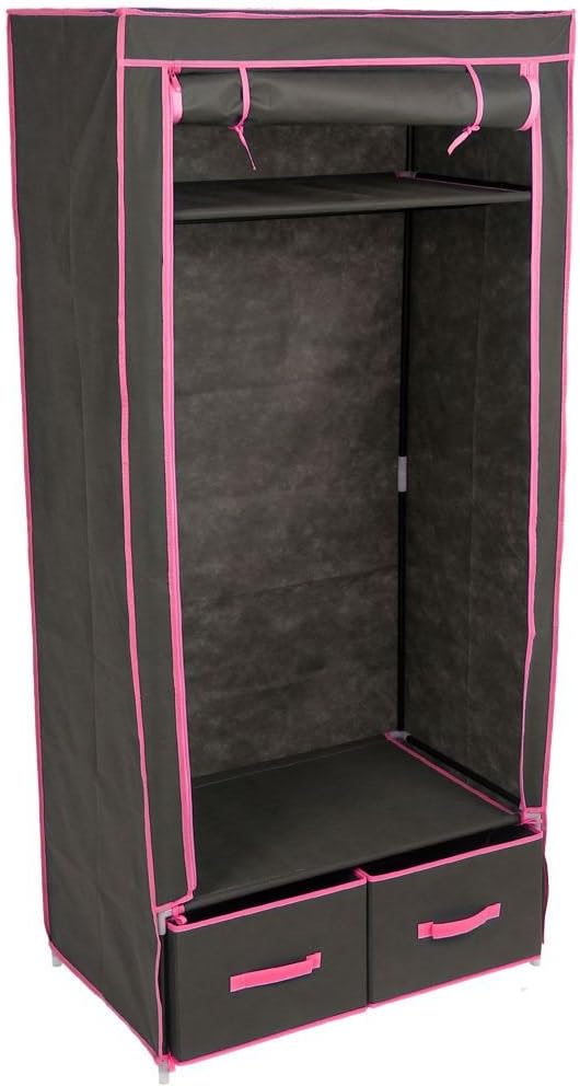 Home Vida Double Storage Wardrobe, Black & Pink Canvas Clothes Rail Drawers