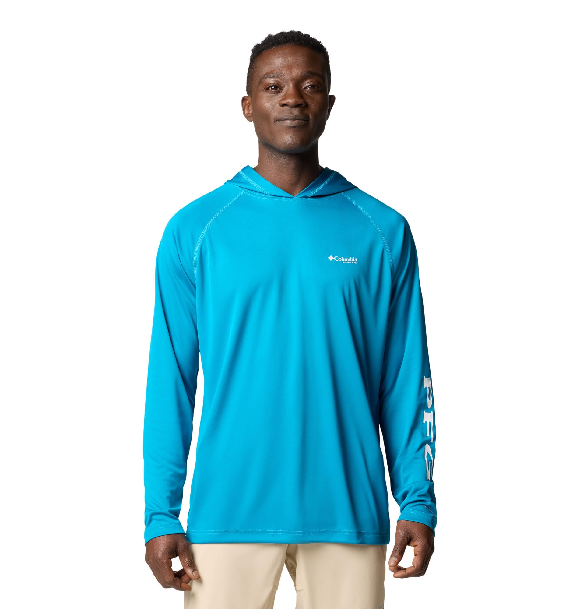 Columbia Mens PFG Terminal Tackle Long Sleeve Fishing Hoodie, Blue Echo/White Logo, Small Image