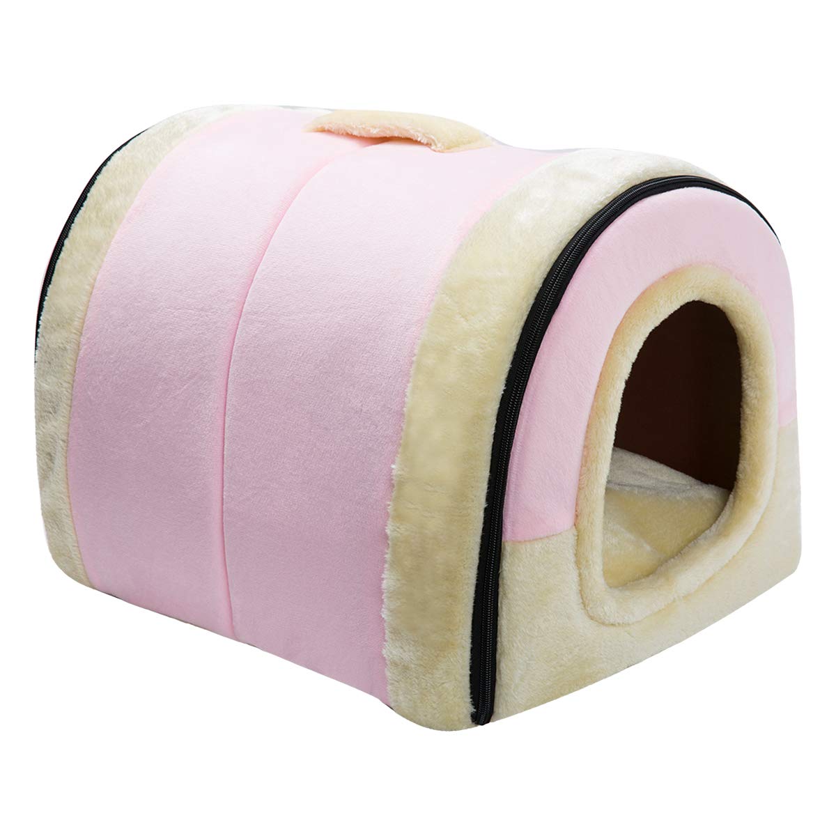 HollypetCrystal Velvet Cat Bed, Self-Warming 2 in 1 Foldable Cave House Shape Nest Pet Sleeping Bed for Cats, Pink