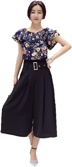 Amazon 夏コーデ ツーピース セットアップ シフォンシャツ ワイドパンツ 花柄 フリル ガウチョ スカーチョ 半袖 レディース 膝下 上下セット ミセス ベルト付き ウエストゴム 大人感 K52 M ネイビー キュロット 通販