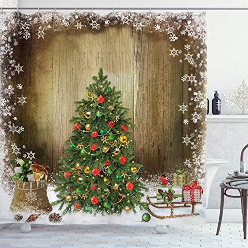 Christmas Tree With Holiday Presents Vintage Style Brown Fabric Shower Curtain (784411237117)