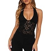 Women Sexy V Neck Lace Halter Top Backless Sheer Mesh Y2k Trendy Going Out Tops