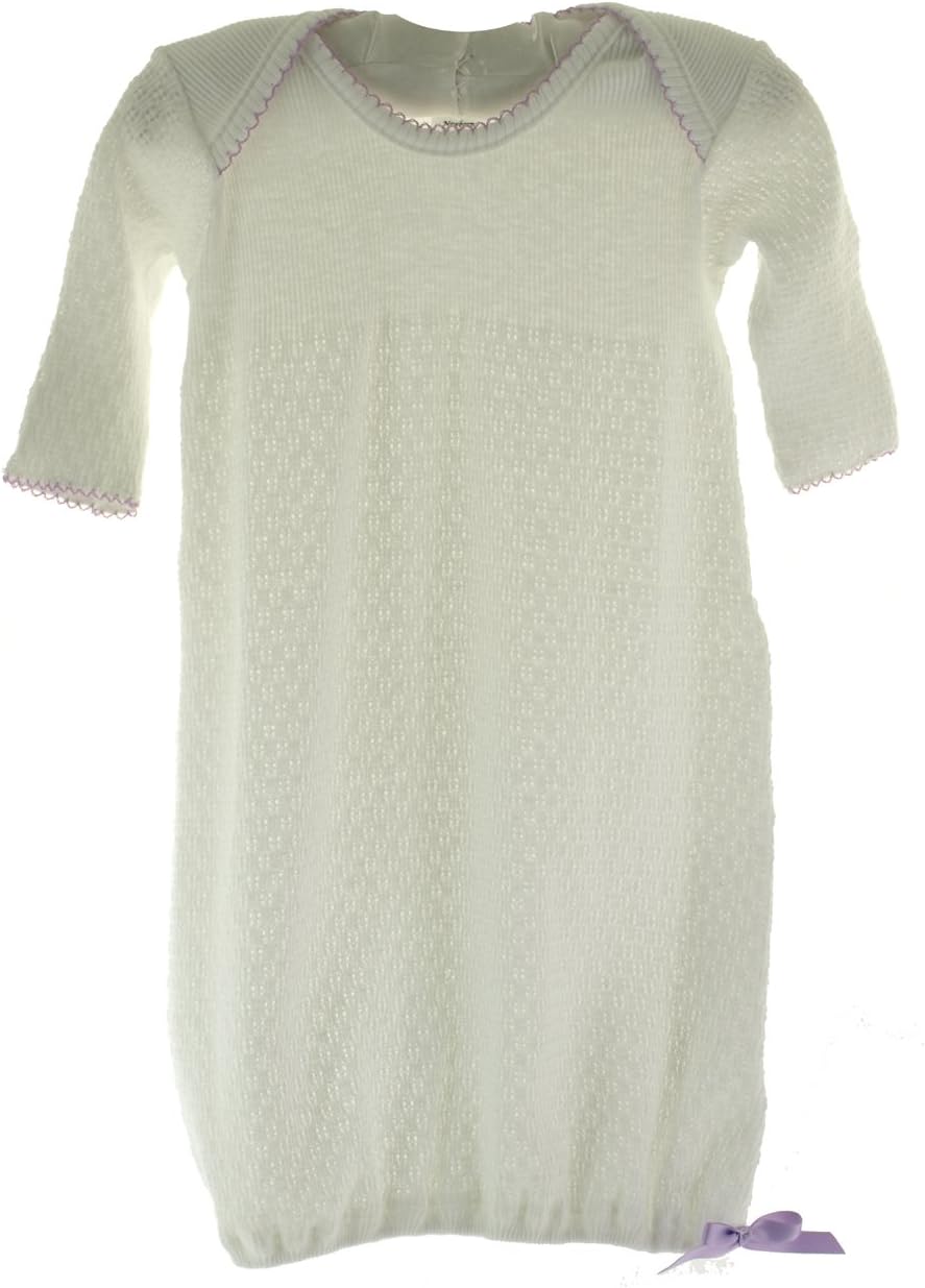 Paty Inc Infant Girls White Cotton Knit Layette Gown with Lavender Trim & Hat Set