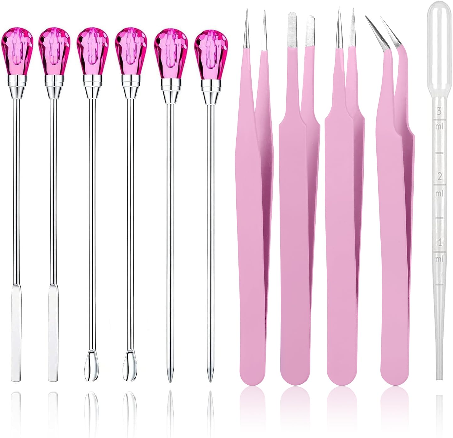 11 Pcs Resin Accessories Set Silicone Resin Mold Tools Kit Resin Craft Tweezers Stirring Needle Spoon Dropper Stainless Steel Anti-Static for Craft Jewelry Making Powder Liquid Stirring(Rose Red&Pink)