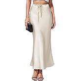 Women's Maxi Skirts Satin Drawstring High Waisted Silk Elegant Flowy Casual A-Line Long Skirt for Women
