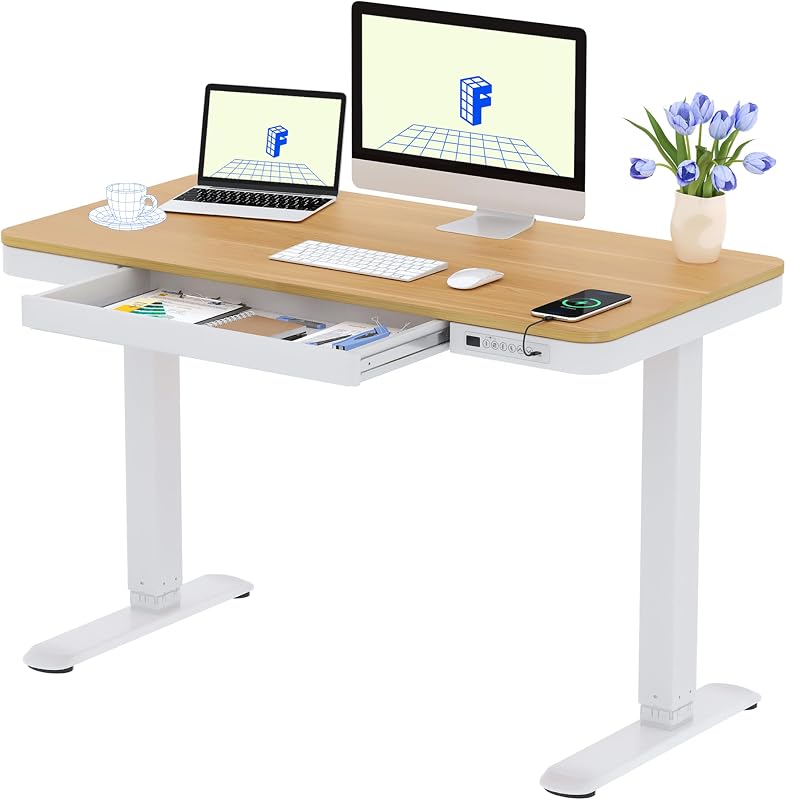 Bureau Assis Debout 120x60, Tiroir, USB-C, Verrouillage Enfant