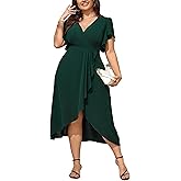 SHESTARR Women Plus Size Maxi Dress Short Sleeve Wrap V Neck High Low Split Long Dress