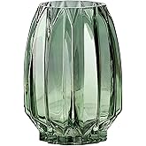 Lucky Bird Green Glass Vase Modern Ribbed for Flowers, Candles, and Decorative Accents - Tall/Short Glass Vase for Centerpieces Home Table Decor(Green H8.0inch)