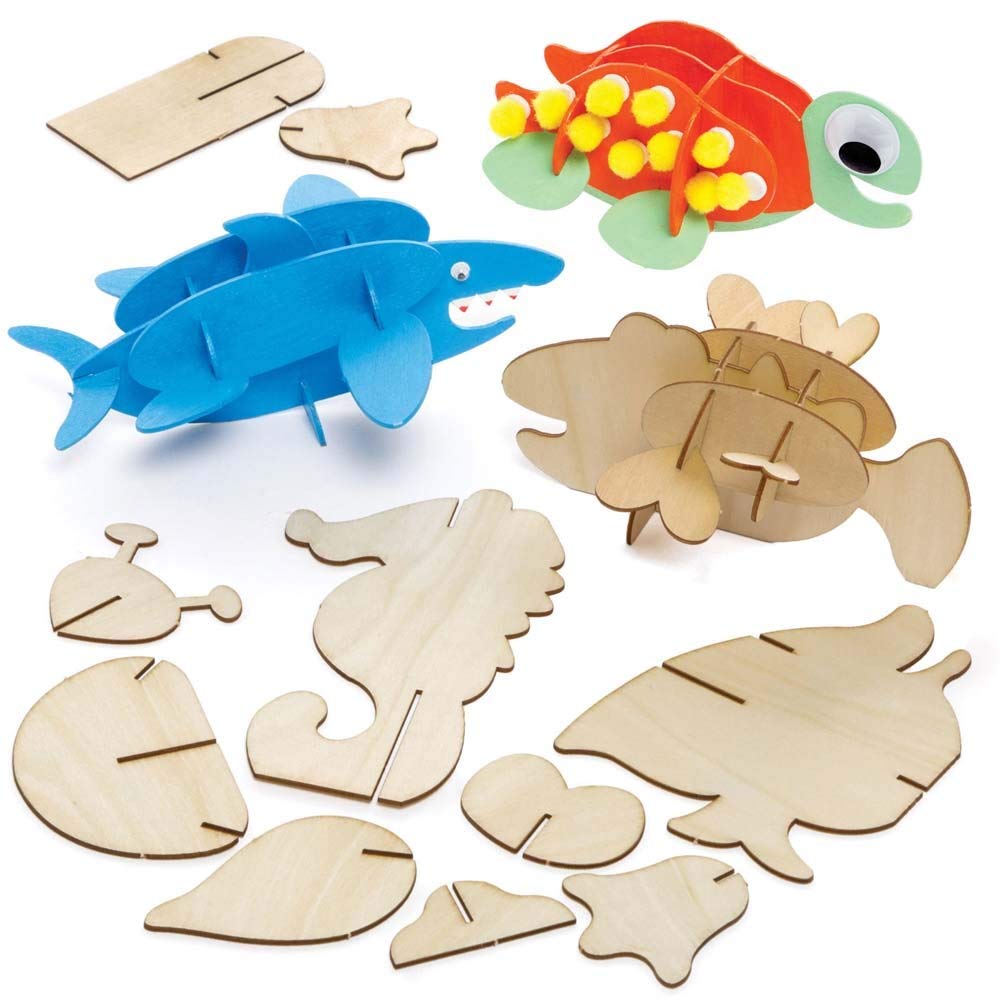 Baker Ross FE376 Sealife Woodcraft Kits - Pack of 5, Wooden Crafts for Children to Decorate and Display, Kids Educational Activity