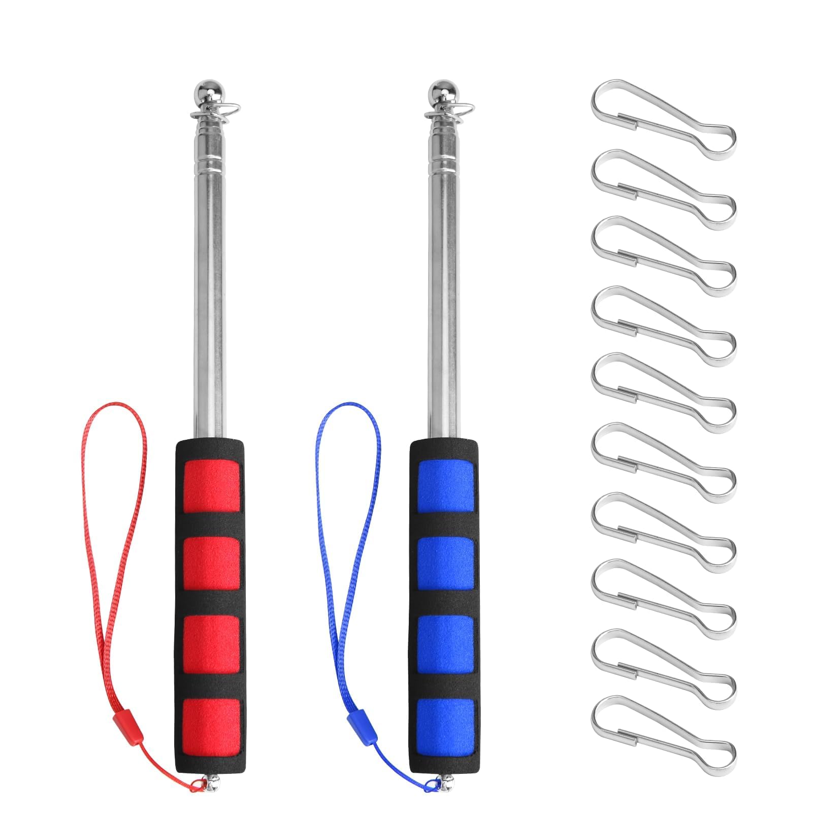nllkii 2 Pcs Telescopic Flag Pole, 1.2M Stainless Steel Handheld Flagpole with 10 Clips & Lanyard, Portable Extendable Pointer for Tour Guides, Teachers, Camping, Parades (Red & Blue)
