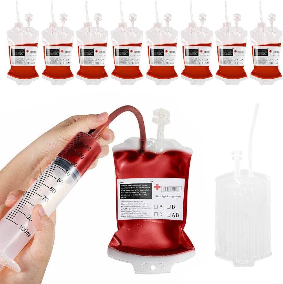 Beiny 10pcs Blood Bag Drinks, Blood Bag, Reusable Drink Pouches, IV Blood Bags 350ml with Syringes and Blood Type Stickers for Halloween Zombie Party Nurse Decorations, One Size