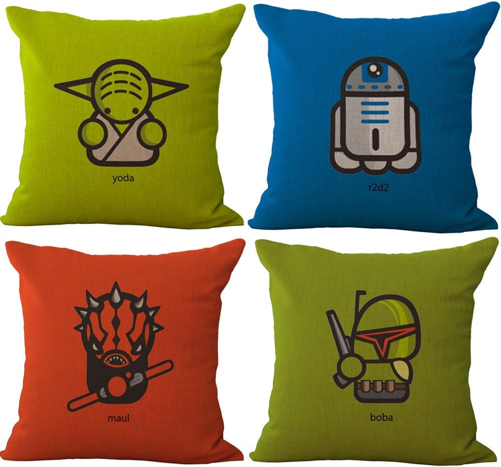Rita Home Decor 4 Pack Cute Cartoon Q Version Star Wars Yoda Darth Vader Throw Pillow Covers 18x18 Inch Cushion Cover Pillowcase with Zipper Cotton Linen Burlap Square Pillow Cover for Sofa Decor
