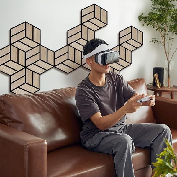 URBAN DECOR ACOUSTIC SLAT WALL FOAM PANELS (5PIECES HEXAGON IN OAK COLOR) FOR 3D WOOD WALL DECOR, COOL ROOM ACCESSORIES, ACOUSTIC DAMPENING, MENS ROOM DECOR, GAMING AREAS, TV WALLS AND MORE