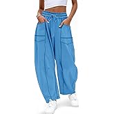 Aoysky Womens Baggy Wide Leg Pants Barrel Casual Drawstring Elastic Waist Contrast Stitch Workout Sweat Pants with Pockets