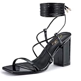 Elisabet Tang Women's Strappy Chunky Heels Sandals, 3 inch Low Block Heels Lace Up Ankle Wrap Heels Square Open Toe Tie Up Heeled Sandals Shoes
