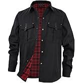 KUANG! Men's Lightweight Shirt Jacket Long Sleeved Snap Plaid Western Cowboy Flannel Lined Jackets
