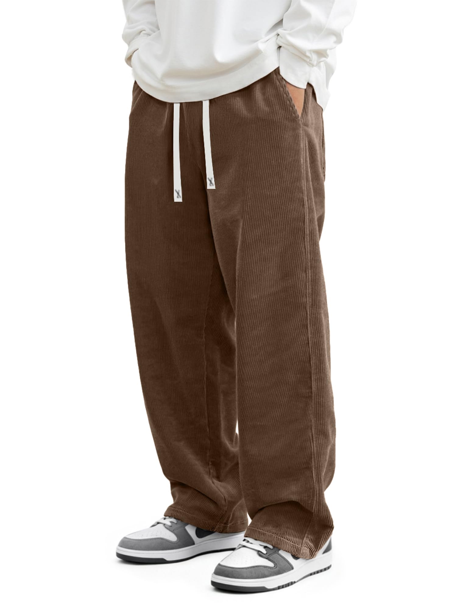 JMIERR Mens Corduroy Pants Baggy Wide Leg Brown Joggers Loose Fit ...
