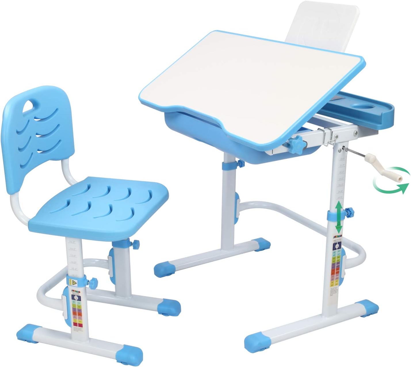 JOYMOR Kids Desk and Chair Set, Upgrade Hand Crank Lifting Study Desk, Height Adjustable Homework Desk with Extra Large Tilting Desktop, Primary School Desk for Students (Blue)