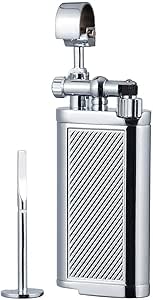 Antique Style Lift Arm Tobacco Pipe Cigarette Butane Lighter with Tamper &amp; Pick (Chrome)