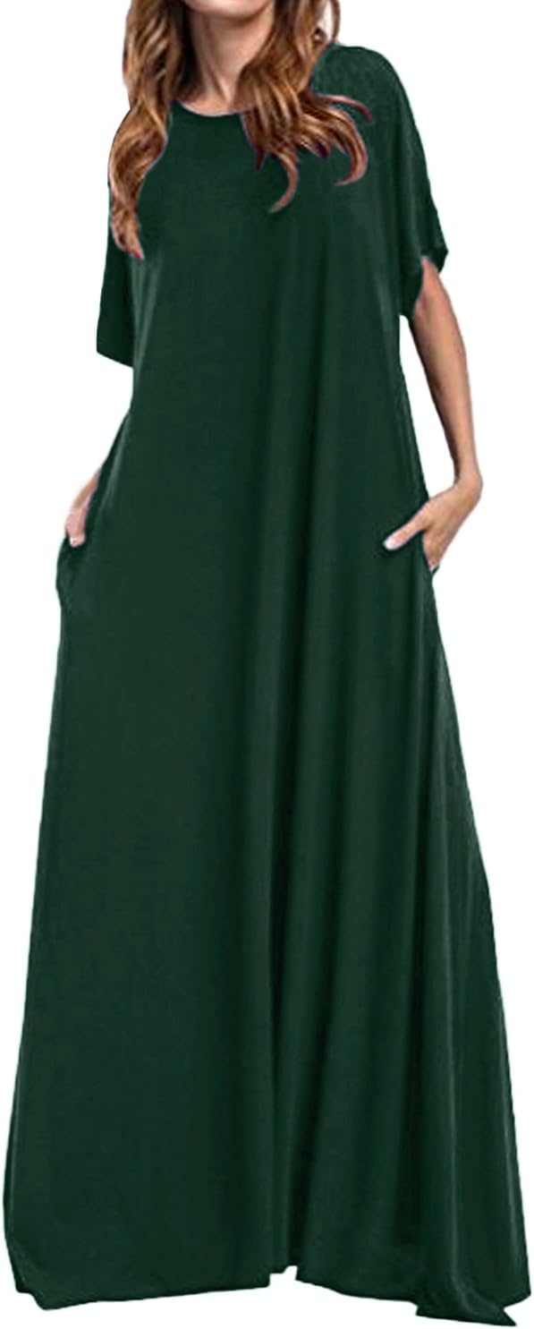 Women Maxi Dress Loose Round Neck Short Sleeve Solid Plain Long Dress with Pocket