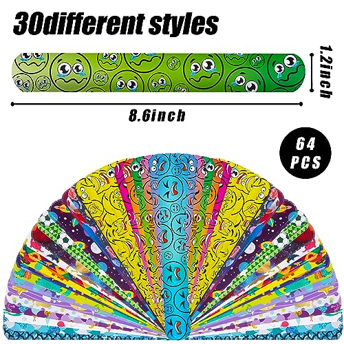 LOVESTOWN Slap Bracelets for Kids, 64PCS Kids Slap Wristbands Snap Bracelets Dinosaurs Mermaid Space Emotions for Party Favors Classroom Prizes Exchanging Gifts