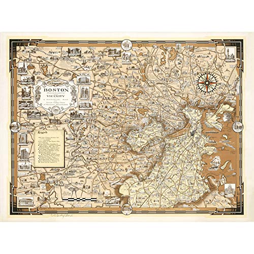 Artery8 Map Ernest Dudley Chase 1938 Boston Ma Pictorial Art Print Canvas Premium Wall Decor Poster Mural