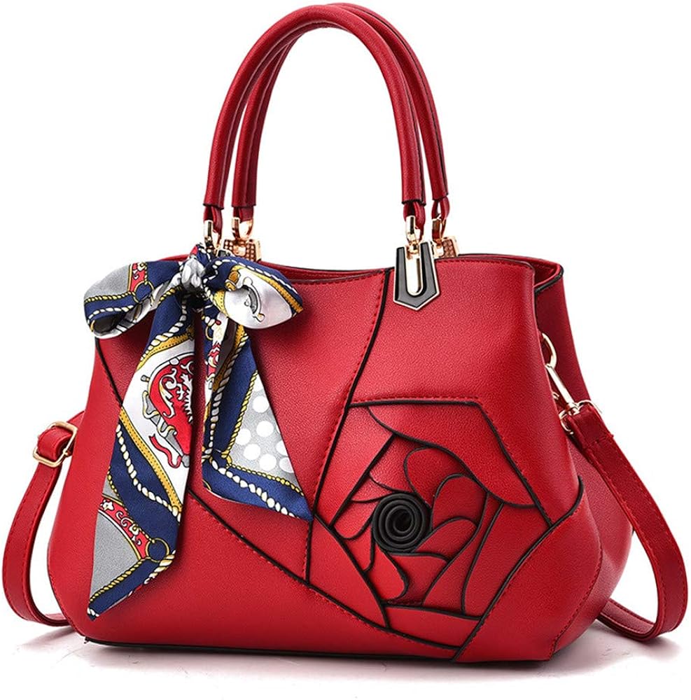 AlwaySky Women Rose Design Handbag, PU Leather Top Handle Bag, Tote Satchel Bag for Ladies Office Travel Shopping
