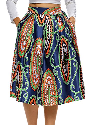 Azbro Women's High Waist Paisley A-lined Midi Skirt, Blue S