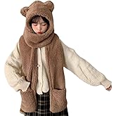 Women Winter Cute Cartoon Bear Ear Hat Warm Hoodie Hat Long Scarf Gloves Soft Plush Shawl Wraps Hooded Hat