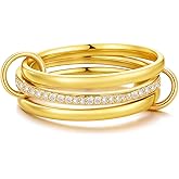 WanBigVa Gold Stackable Rings for Women Non Tarnish,Trendy 18K Gold Silver Multi-Link Connected Stack Rings with Cubic Zirconia Statement Chunky Ring Fashion Jewelry Gift for Women