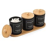 3 Pack Qtip Holder - Bathroom Organizers and Storage, Cotton Round Pad Dispenser Floss Pick Holder with Tray, Glass Apothecary Jars with Lids, Cotton Ball Container - Black
