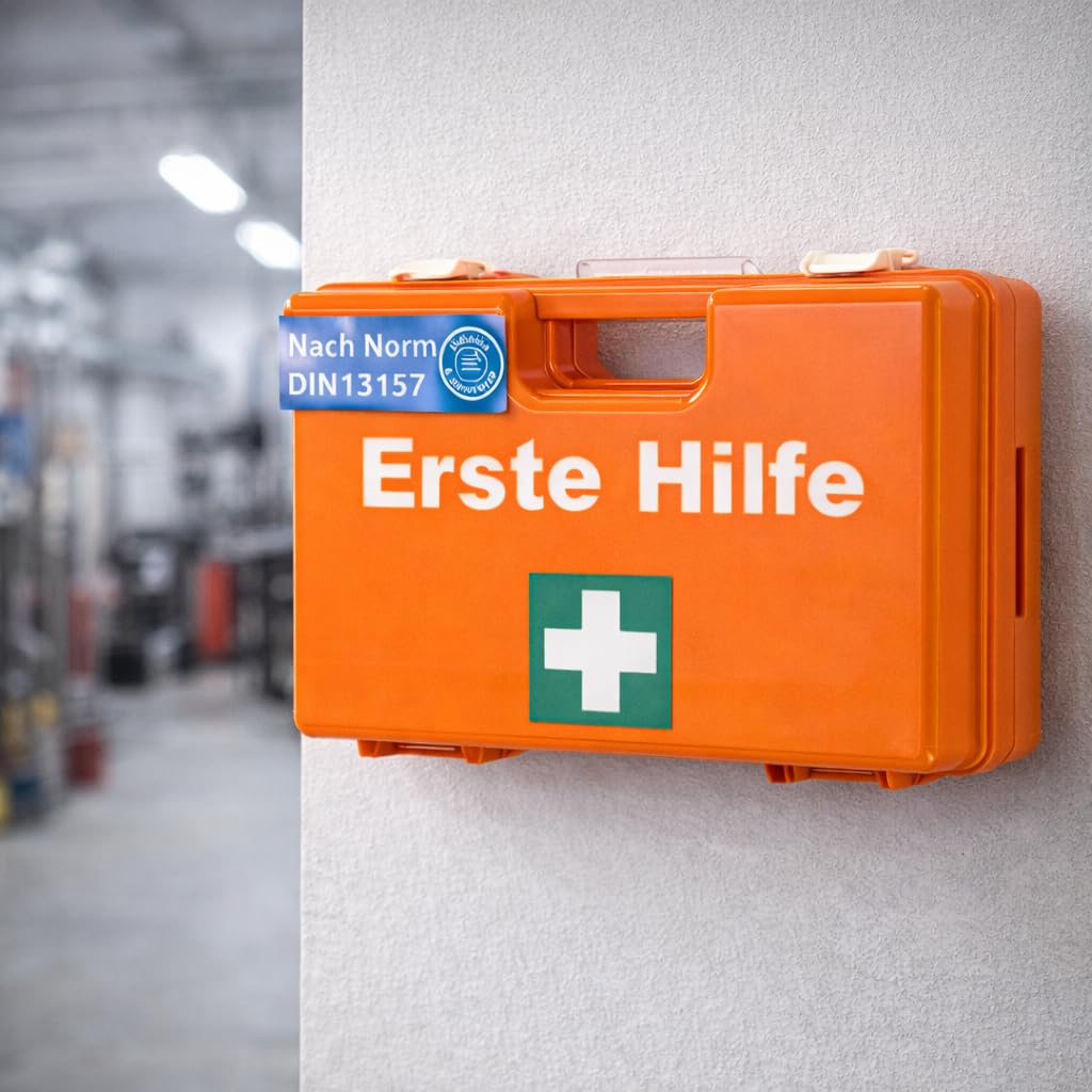 Erste Hilfe Kasten - DIN 13157 Koffer für Unternehmen & Betriebe - Verbandskasten orange nach aktueller Norm geprüft - Mit Aufkleber & Wandhalterung 6