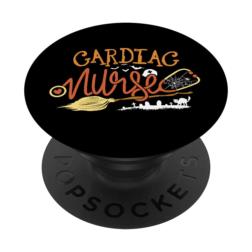 Nursing Witch on Broom Flying Bats - Cardiac Nurse Halloween PopSockets Swappable PopGrip