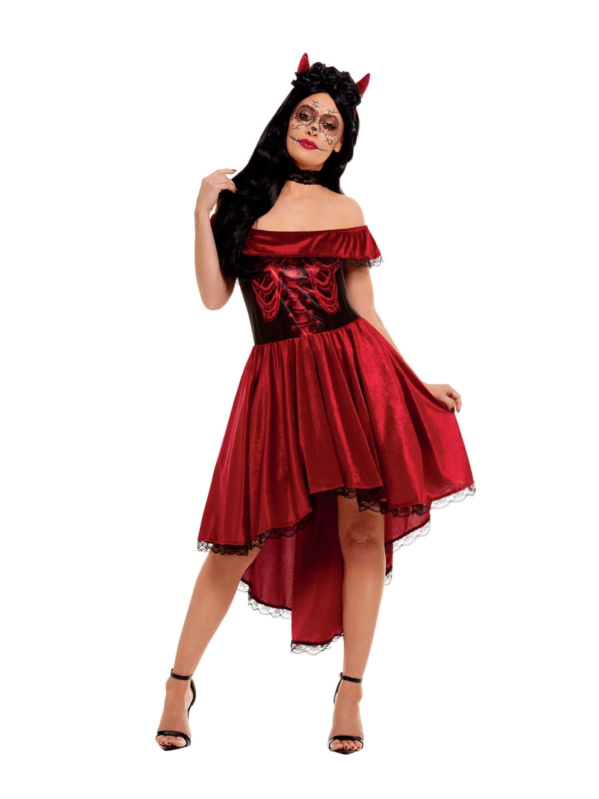 Smiffys Day of the Dead Devil Costume, Red with Dress, Choker & Headband, Mexican Day of The Dead/Sugar Fancy Dress, Adult Dress Up Costumes