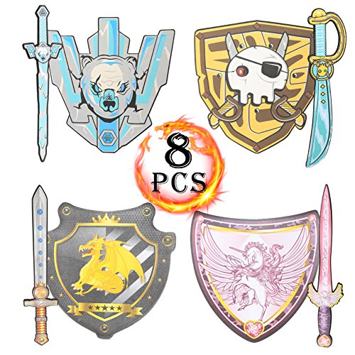 rainbow yuango 8PCS 17" Assorted EVA Foam Swords and Shields Playset Warrior Weapons Toy Pretend Play Set for Girls Including Unicorn Design, Pirate, Viking, Dragon, Warrior