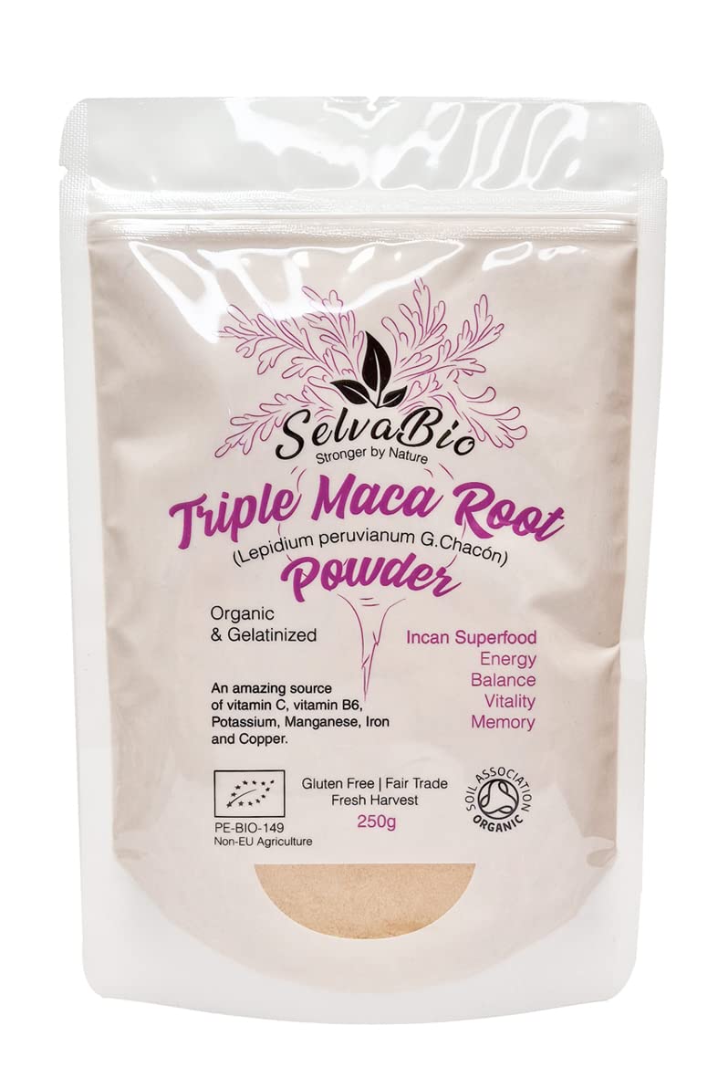 SelvaBio Triple Maca Root Powder, Gelatinised, Certified Organic, Black Red & Yellow Blend, Single Origin, Peru, Vegan, for Smoothies, Shakes & Baking, 250 g