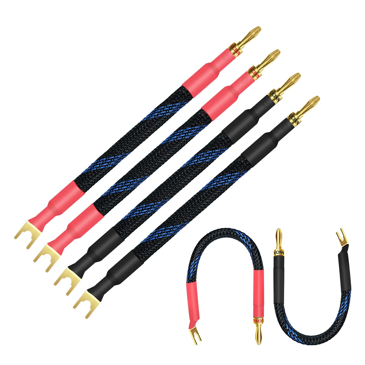 VVFLED 4 x HiFi OFC Spade to Banana Plug Speaker Wire, 13AWG 21cm Speaker jumper cable for amplifiers, Bi-Wire Jumper Bridge Spade to Banana Speaker Cable with Banana Plugs