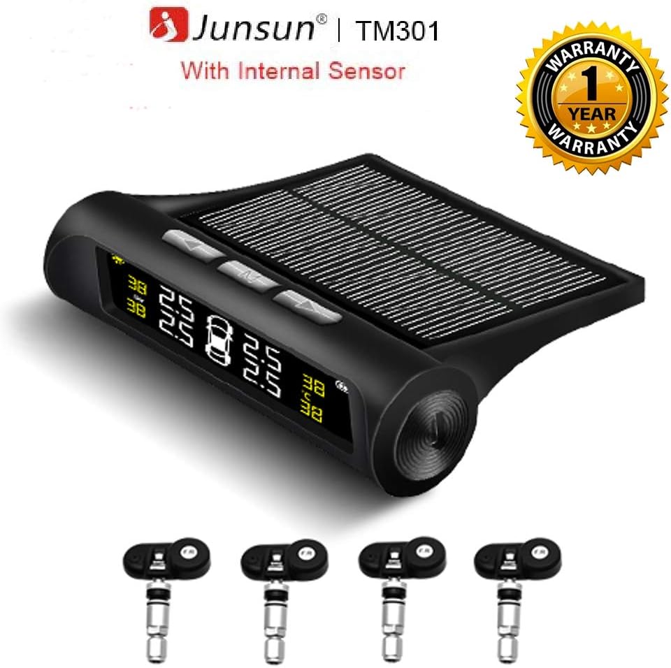 Junsun Solar Car TPMS (Tire Tyre Pressure Monitoring System) Smart USB Digital LCD Display Auto Security Alarm Warning with 4 Internal Sensors