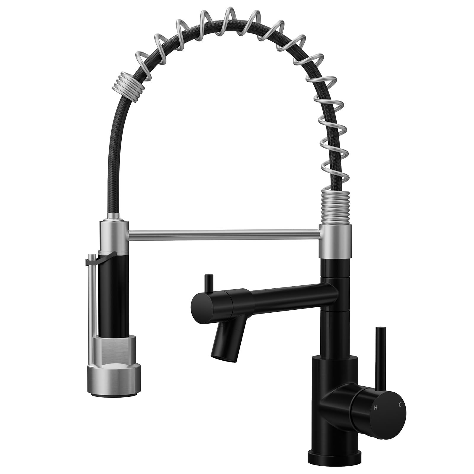 Warmiehomy Professional Kitchen Tap,High Arc Kitchen Taps with Pull Out Sprayer,360° Swivel Double Spouts Spring 1 Hole Kitchen Taps Mixer for Kitchen,Black&Chrome