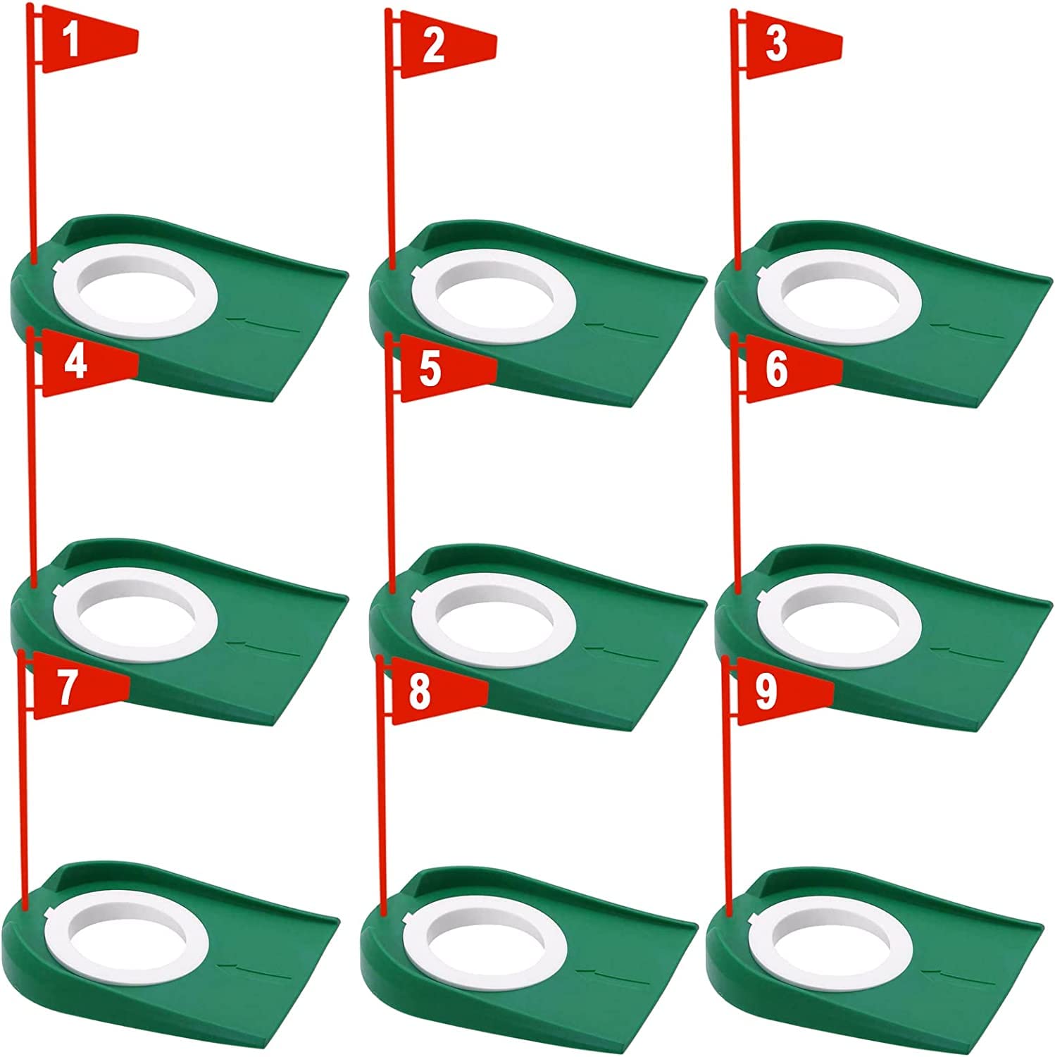 Golf Putting Cup and Flag Putt Training Hole All-Direction Surface Regulation Practice Cups for Men Women Indoor Outdoor Home Office Backyard Golfing (9 Pcs Green Cup with Red Flag)