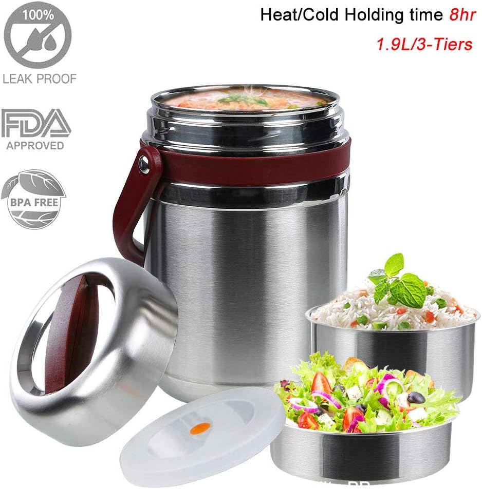 Thermal Lunch Box, Vacuum Insulated Lunch Box Food Container Carrier Bento Box Thermal Insulating Stainless Steel Lunch Containers Hold Warm for 8 Hours with Folding Spoon, 1.6L (Wine Red)